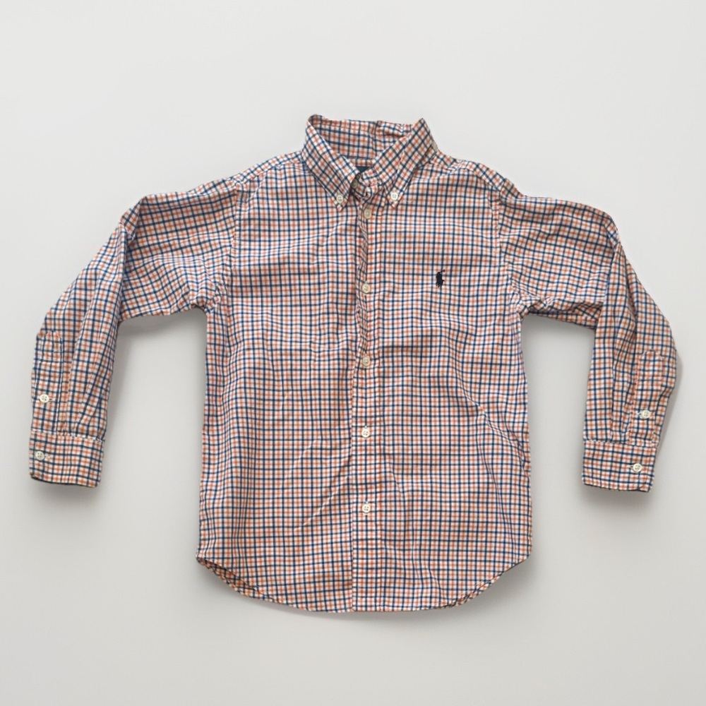 Ralph Lauren Sz 6 Boys Button Up Shirt Long Sleeve Checkered White Blue Orange